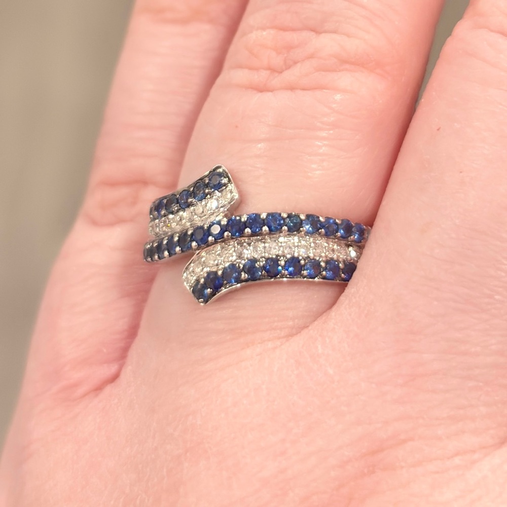 Vintage 14K Sapphire Diamond Ring, Natural Half Carat Blue Wave Size 7.25 - Picture 6 of 14